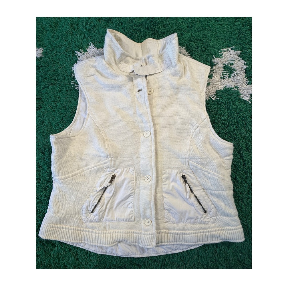 Caribbean Joe Knit Puffer Vest Womens XL Cream Good Quilted Mock Neck Cotton